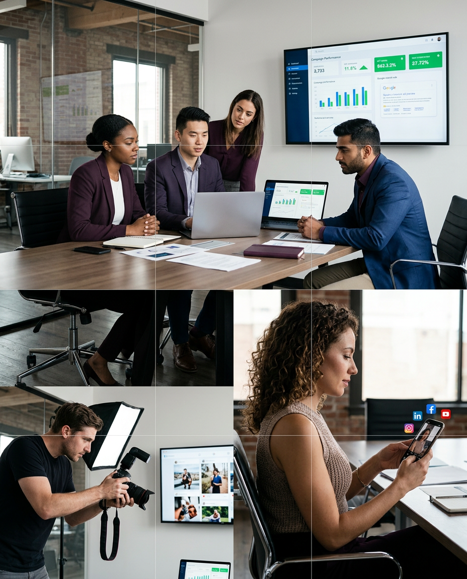A creative marketing team reviewing campaign analytics alongside social content creation and advertising photography
